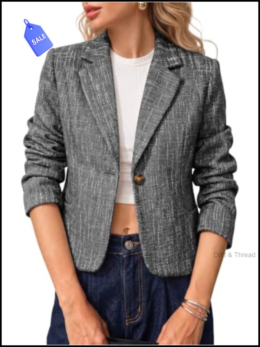 Women's Cropped Tweed Blazer Notch Lapel Button Cuff Business Casual